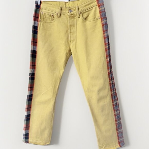 Levi's 501 Vintage 90s Yellow Denim Jeans With Gingham Plaid Side Panels - Picture 1 of 8
